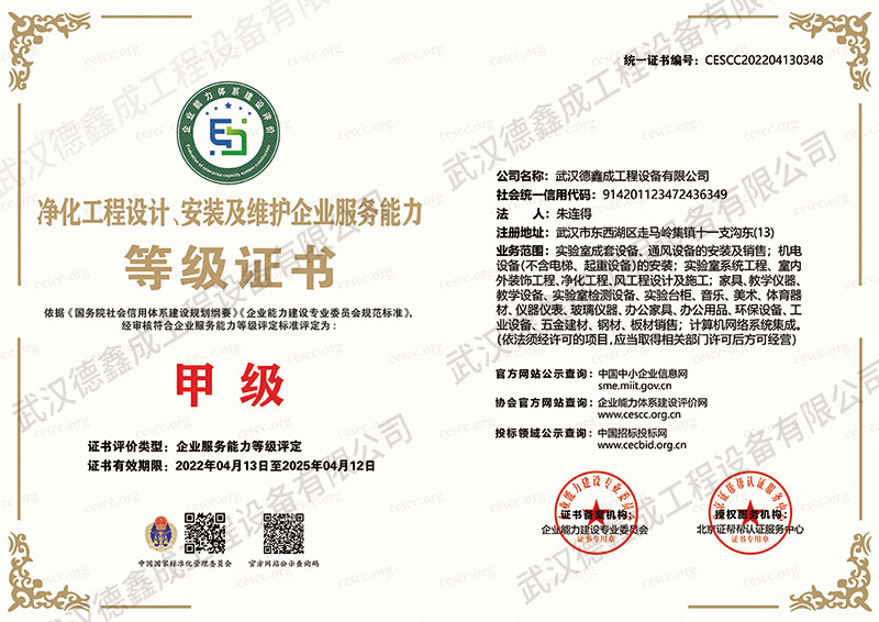巴中凈化工程設計、安裝及維護企業服務能力等級